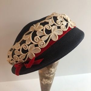 Vintage Blue Hat White Floral Trim & Red Ribbon